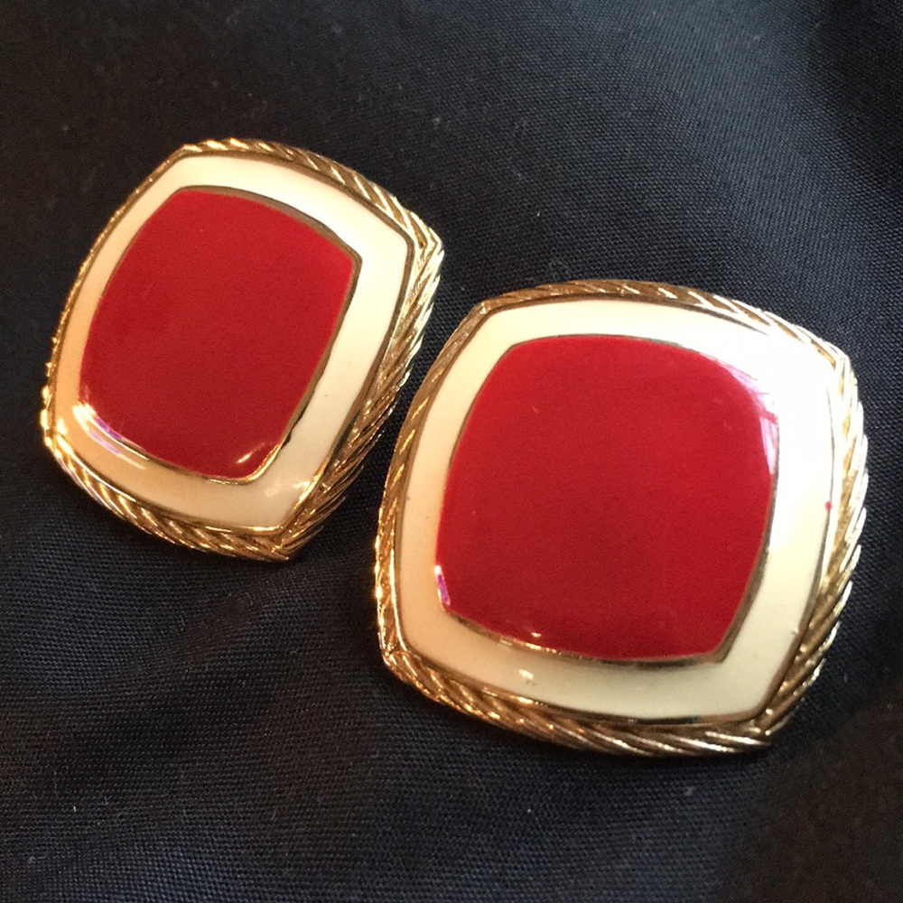 Large art deco vintage iconic enamel red ivory goldtone pierced post earrings